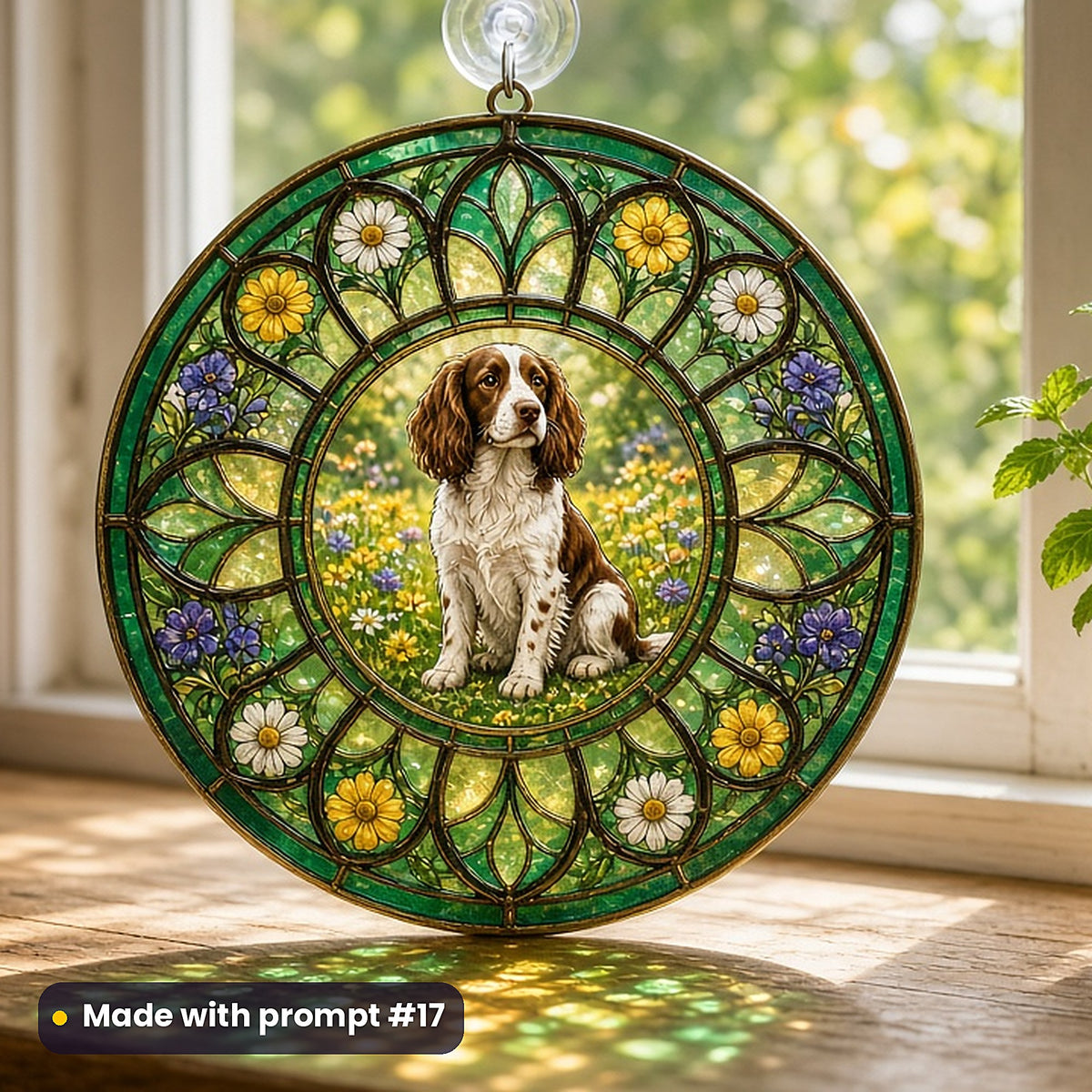 Dogs stained glass prompt pack: UV-printed acrylic suncatcher in a window mockup, made with prompt #17