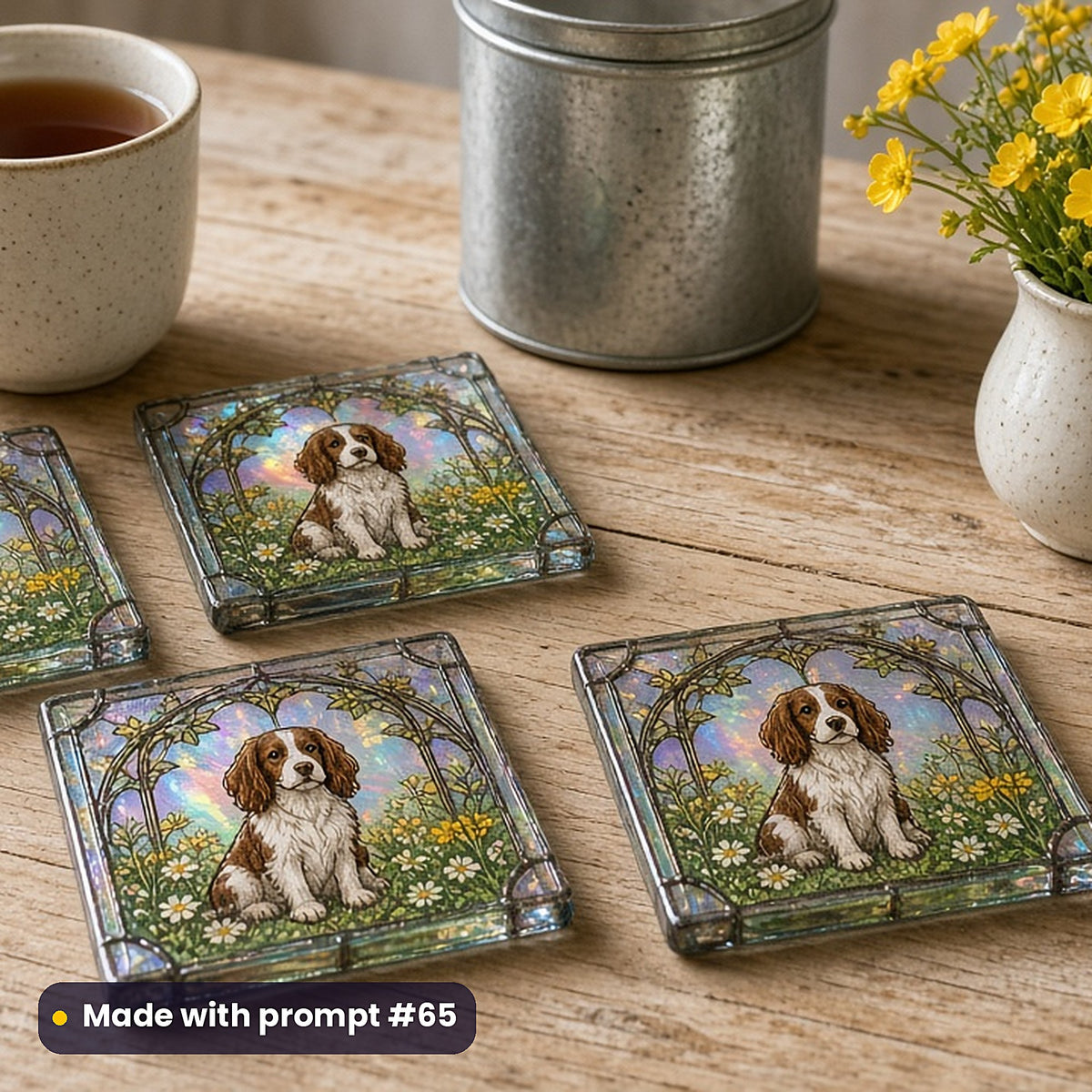 Dogs stained glass prompt pack: set of UV-printed glass coasters mockup, made with prompt #65