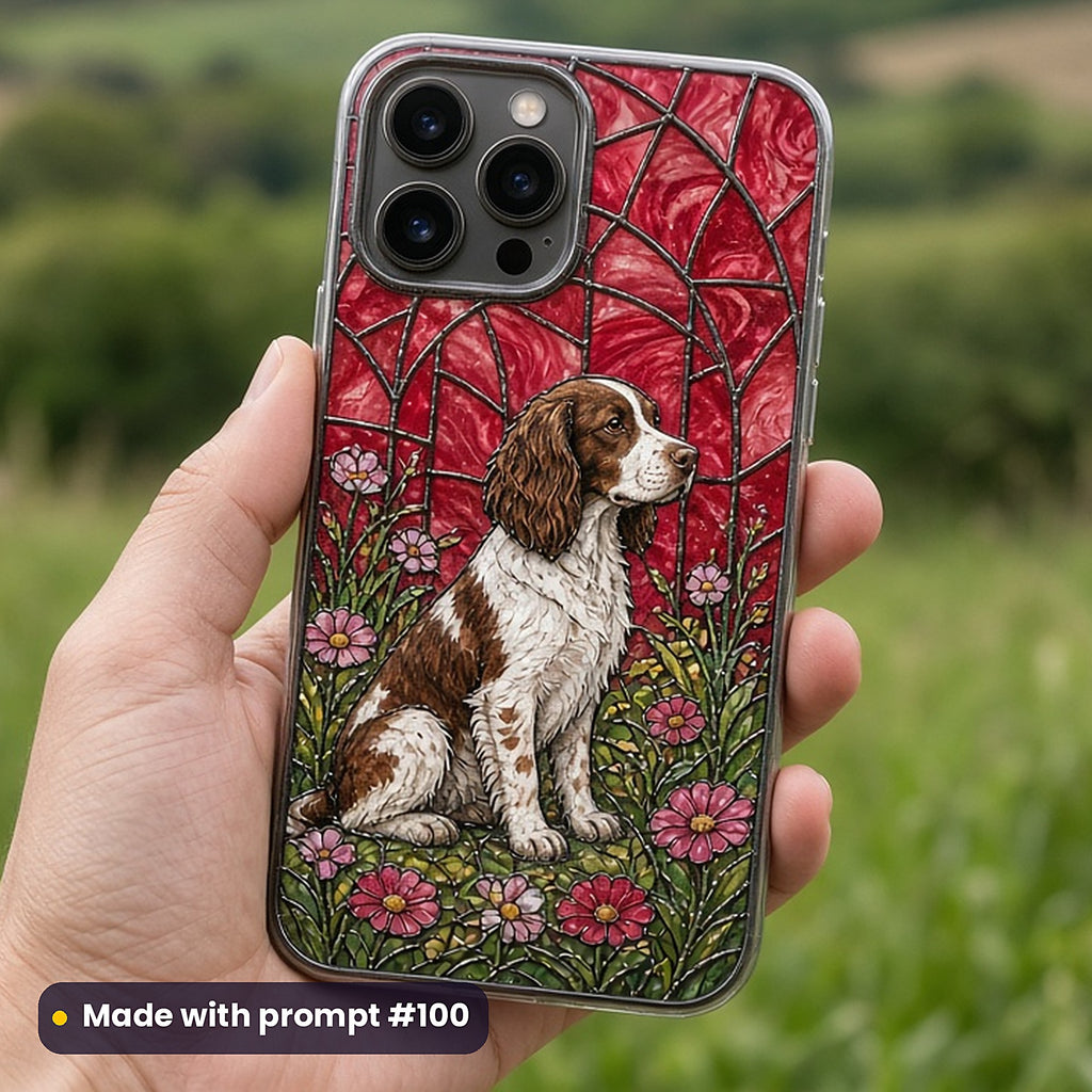 Dogs stained glass prompt pack: UV-printed phone case mockup, made with prompt #100
