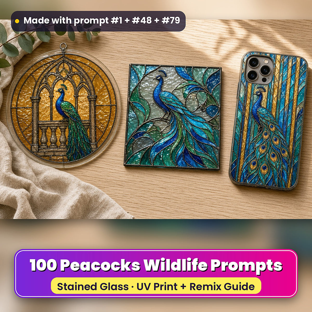 Peacocks Wildlife stained glass prompt pack: UV-printed suncatcher, coaster and phone case set mockup, made with prompt #1 + #48 + #79