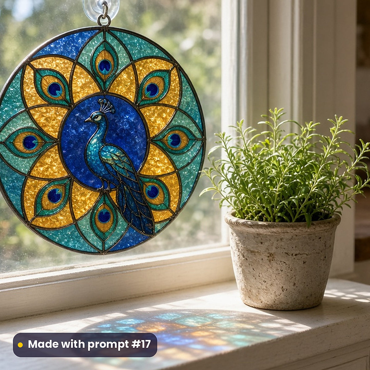 Peacocks Wildlife stained glass prompt pack: UV-printed acrylic suncatcher in a window mockup, made with prompt #17