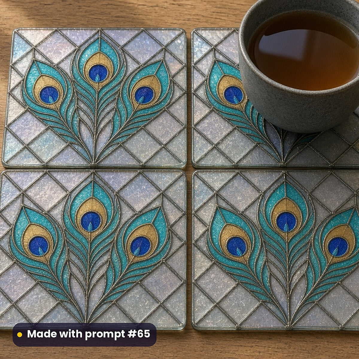 Peacocks Wildlife stained glass prompt pack: set of UV-printed glass coasters mockup, made with prompt #65