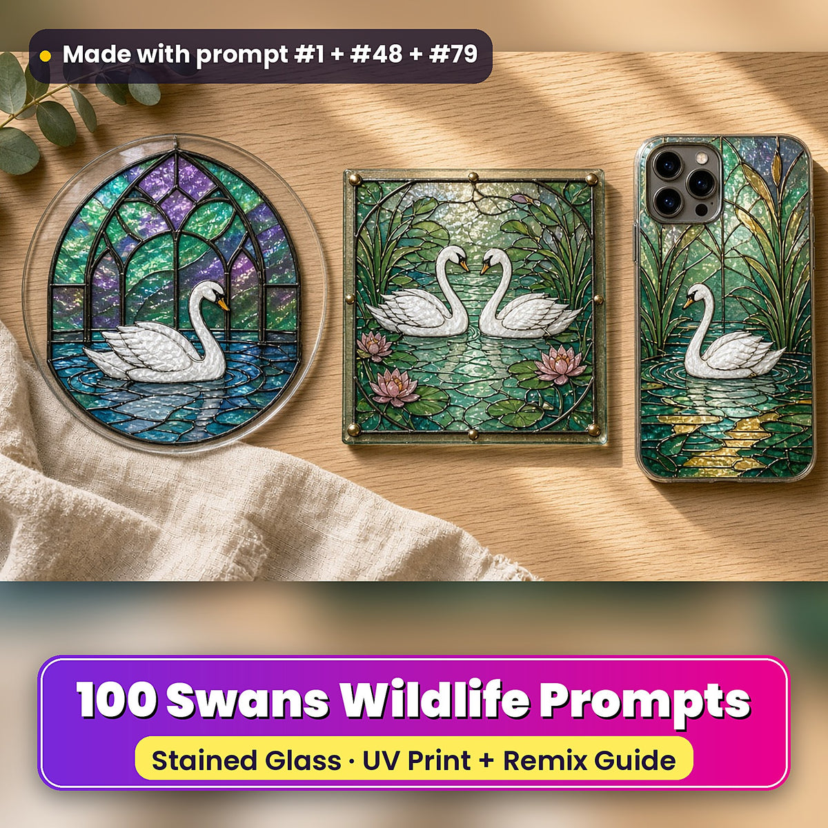 Swans Wildlife stained glass prompt pack: UV-printed suncatcher, coaster and phone case set mockup, made with prompt #1 + #48 + #79