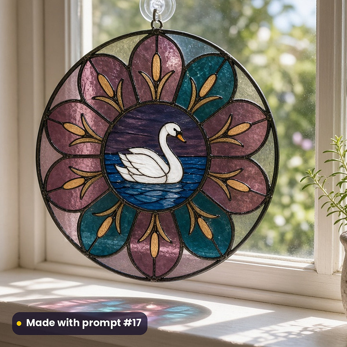 Swans Wildlife stained glass prompt pack: UV-printed acrylic suncatcher in a window mockup, made with prompt #17