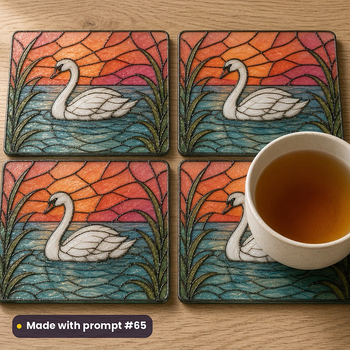 Swans Wildlife stained glass prompt pack: set of UV-printed glass coasters mockup, made with prompt #65