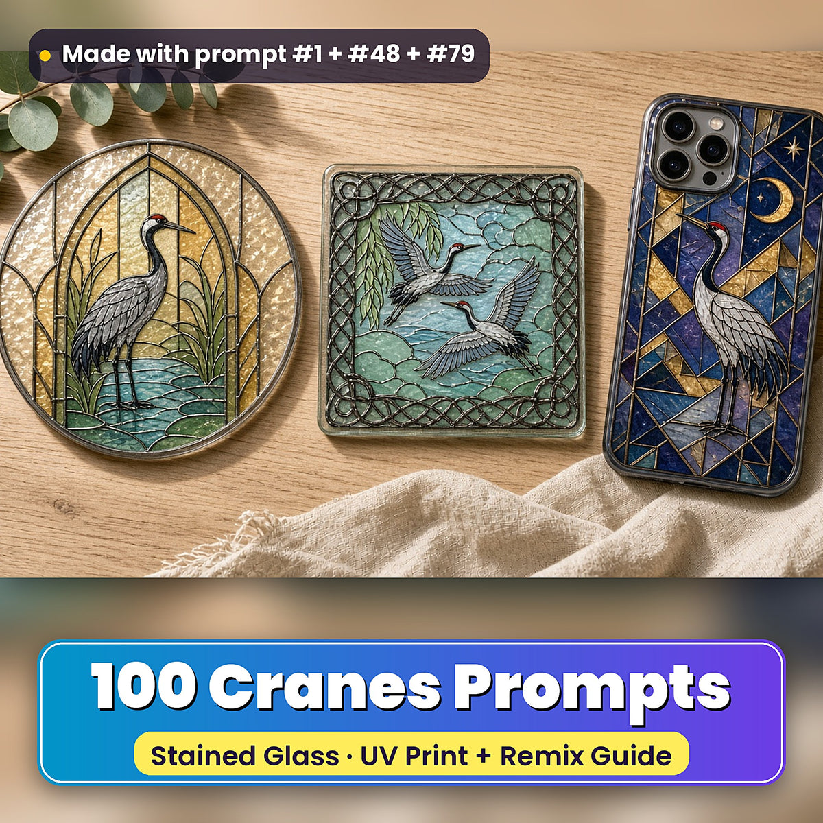 Cranes stained glass prompt pack: UV-printed suncatcher, coaster and phone case set mockup, made with prompt #1 + #48 + #79