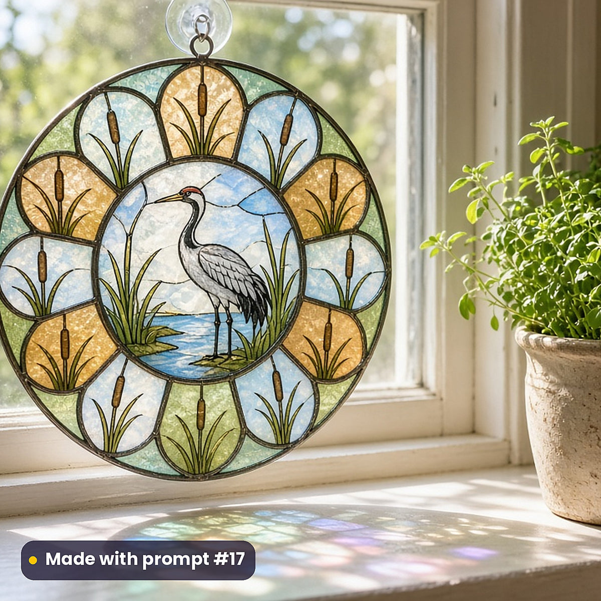 Cranes stained glass prompt pack: UV-printed acrylic suncatcher in a window mockup, made with prompt #17