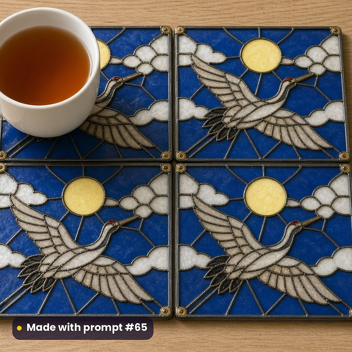 Cranes stained glass prompt pack: set of UV-printed glass coasters mockup, made with prompt #65