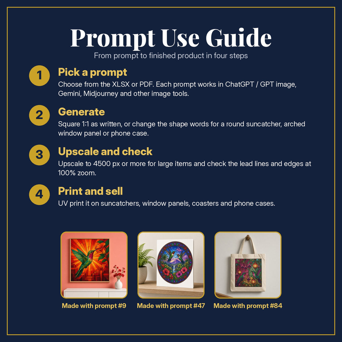 Prompt Use Guide for the Hummingbirds Stained Glass Prompt Pack: pick a prompt, generate, upscale and check, print and sell, with sample products made with the pack's prompts