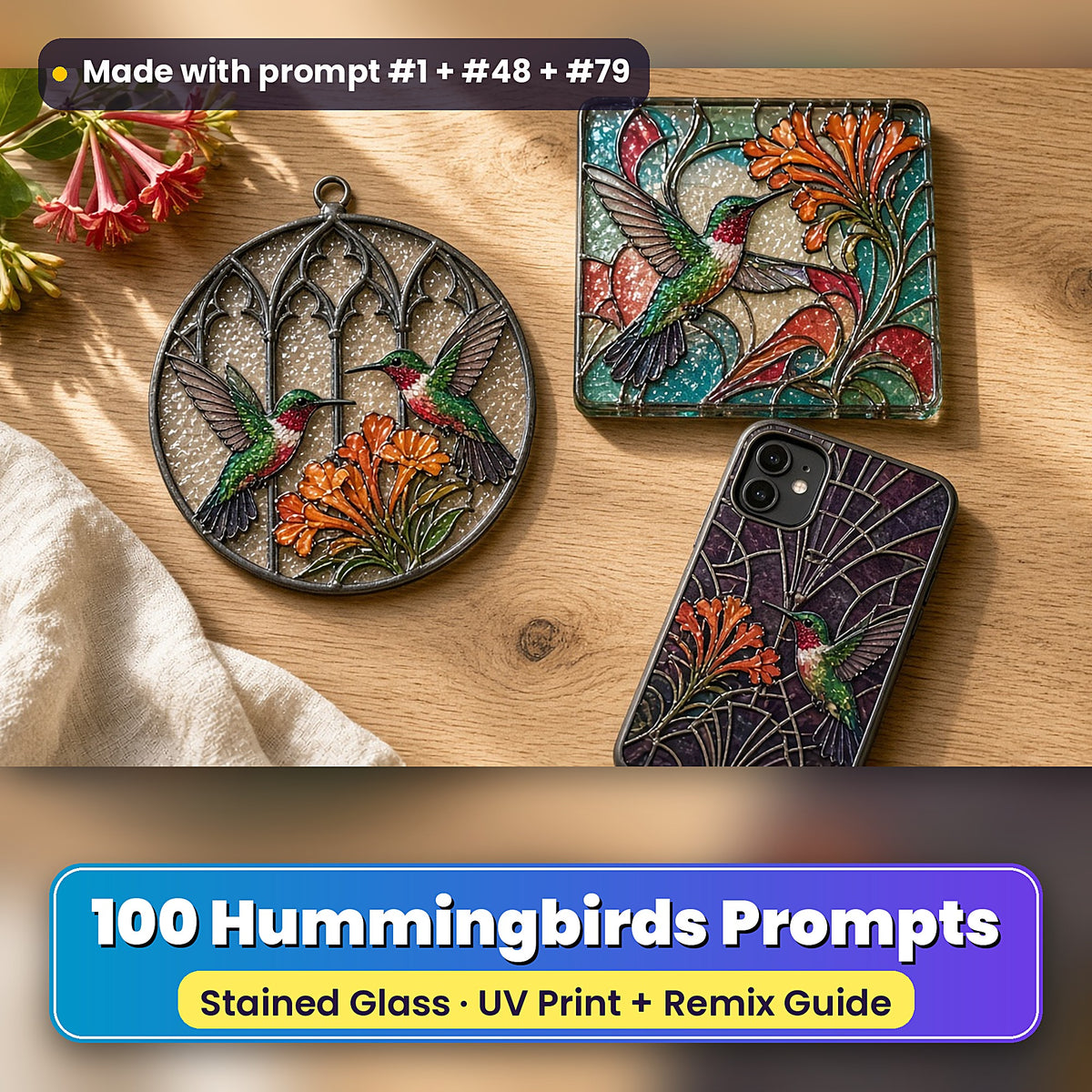 Hummingbirds stained glass prompt pack: UV-printed suncatcher, coaster and phone case set mockup, made with prompt #1 + #48 + #79