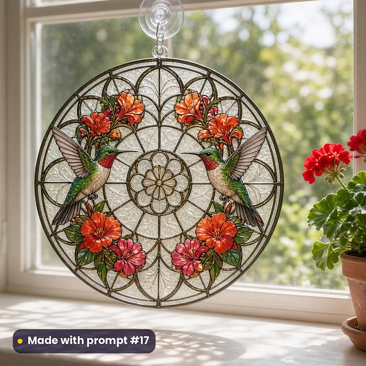 Hummingbirds stained glass prompt pack: UV-printed acrylic suncatcher in a window mockup, made with prompt #17