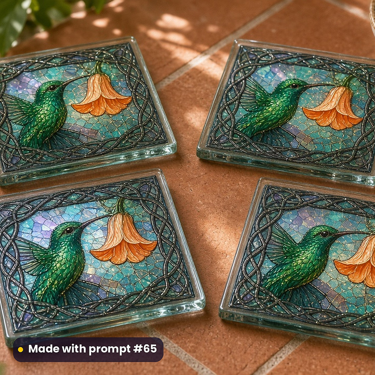Hummingbirds stained glass prompt pack: set of UV-printed glass coasters mockup, made with prompt #65