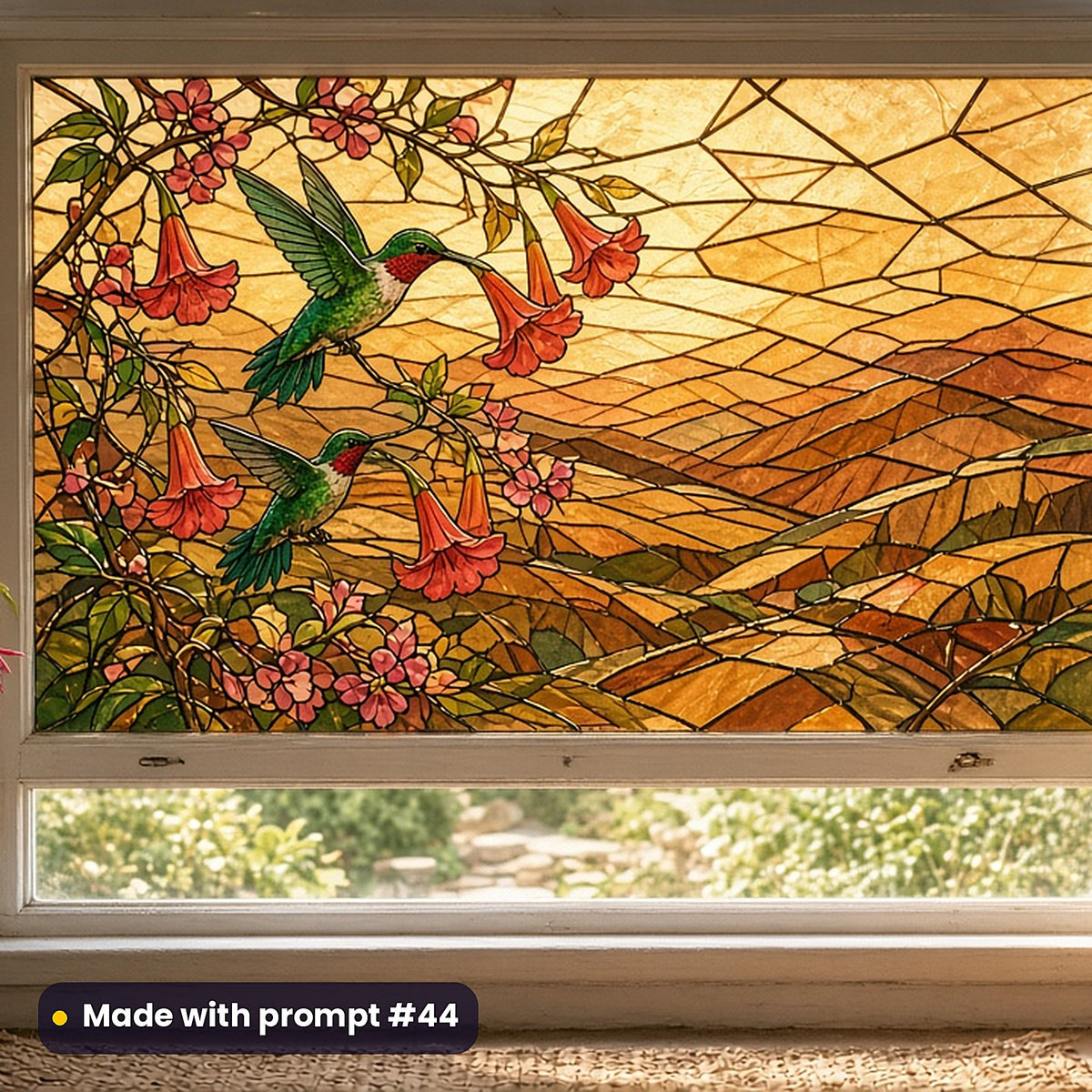 Hummingbirds stained glass prompt pack: faux stained glass window panel mockup, made with prompt #44