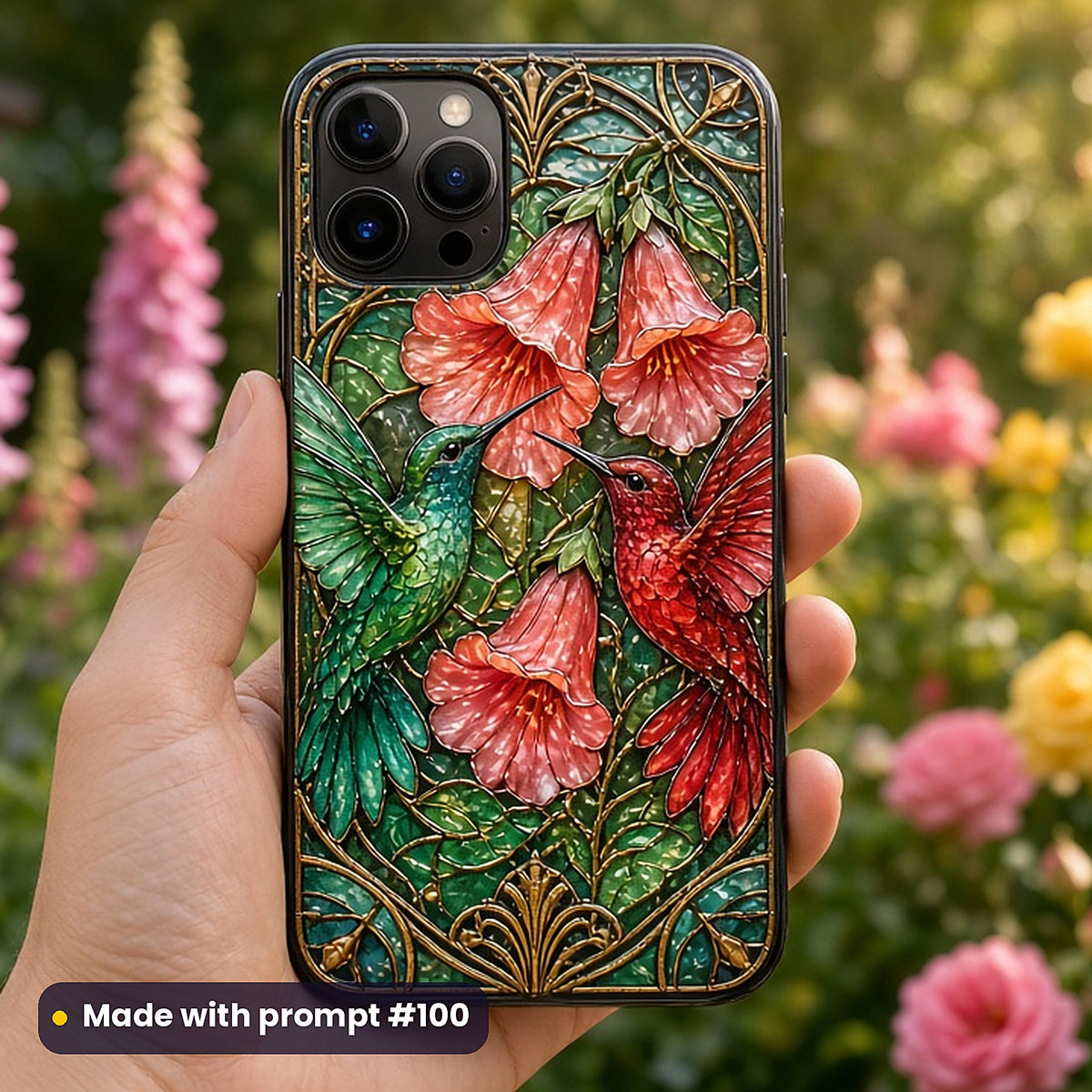 Hummingbirds stained glass prompt pack: UV-printed phone case mockup, made with prompt #100