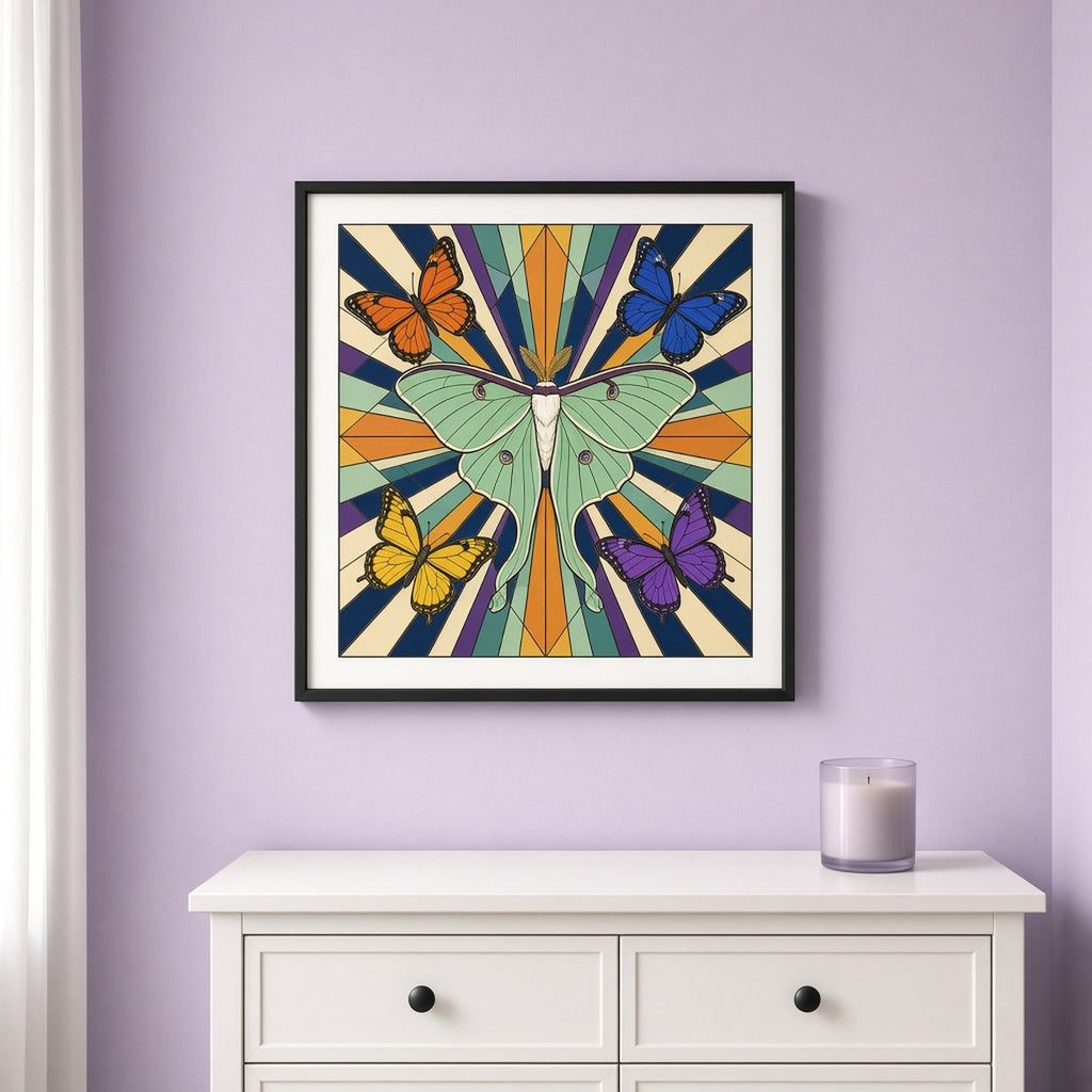 Art Deco stained-glass pale green luna moth with orange, blue, yellow and violet butterflies on geometric sunburst rays shown as a flat framed print above a chest of drawers, made with prompt #9