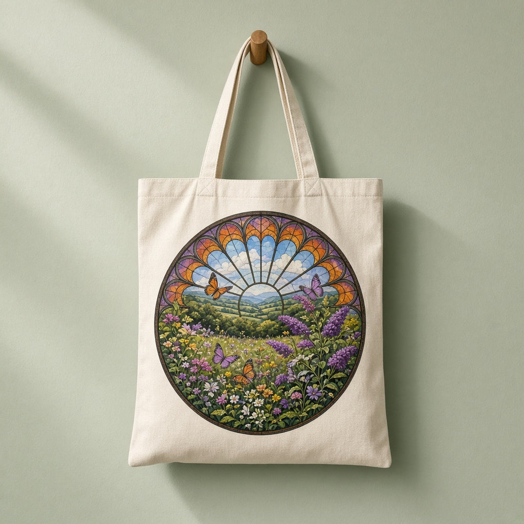Rose-window stained-glass summer meadow of buddleia and wildflowers with monarch and purple butterflies below green hills printed flat on a tote bag, made with prompt #47