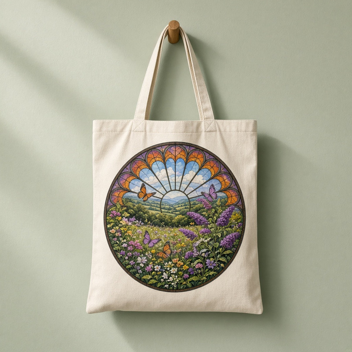 Rose-window stained-glass summer meadow of buddleia and wildflowers with monarch and purple butterflies below green hills printed flat on a tote bag, made with prompt #47
