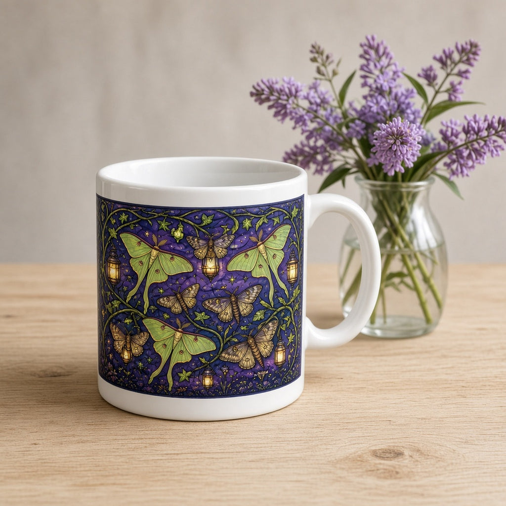 Arts and Crafts stained-glass luna moths and dusky moths among vines and glowing lanterns on deep violet printed flat on a mug, made with prompt #84