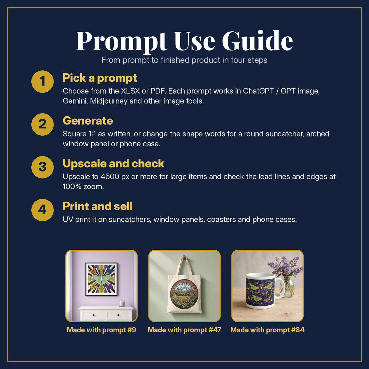 Prompt Use Guide for the Butterflies and Moths Stained Glass Prompt Pack: pick a prompt, generate, upscale and check, print and sell, with sample products made with the pack's prompts
