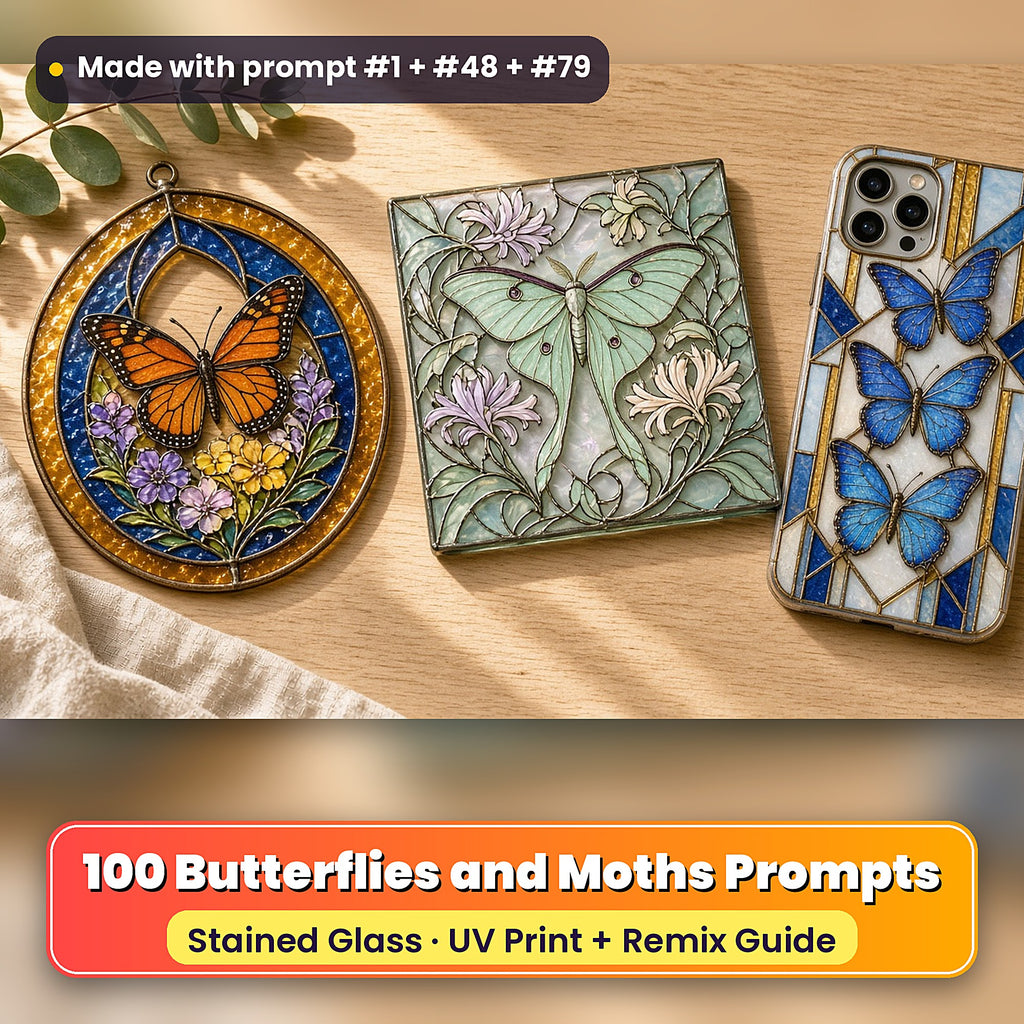 Butterflies and Moths stained glass prompt pack: UV-printed suncatcher, coaster and phone case set mockup, made with prompt #1 + #48 + #79