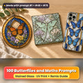 Butterflies and Moths stained glass prompt pack: UV-printed suncatcher, coaster and phone case set mockup, made with prompt #1 + #48 + #79