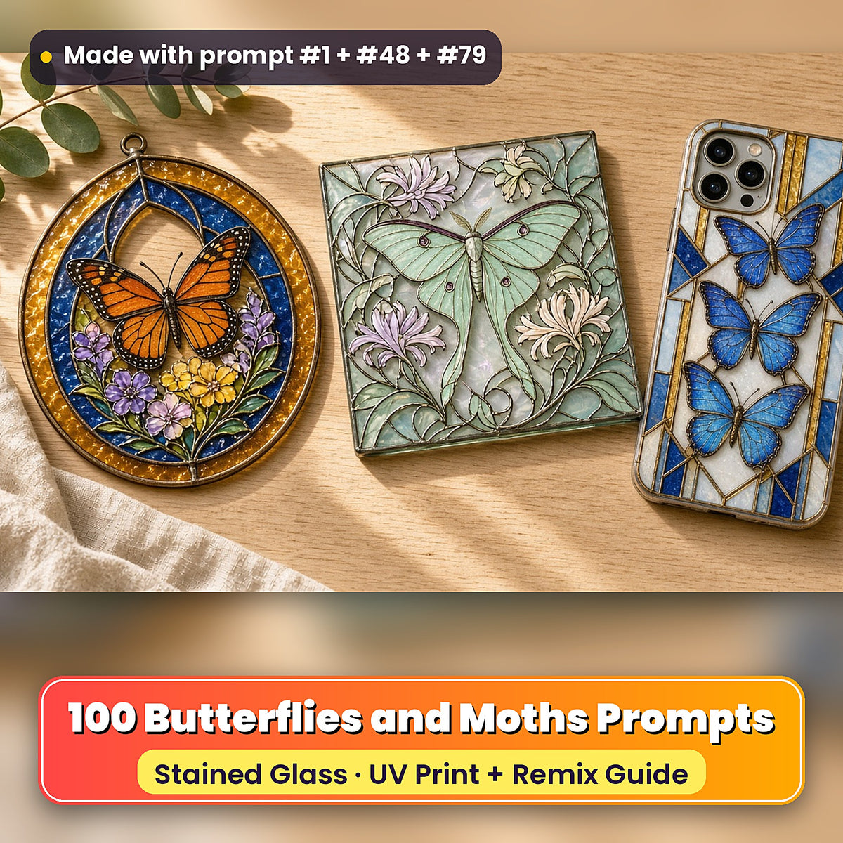 Butterflies and Moths stained glass prompt pack: UV-printed suncatcher, coaster and phone case set mockup, made with prompt #1 + #48 + #79