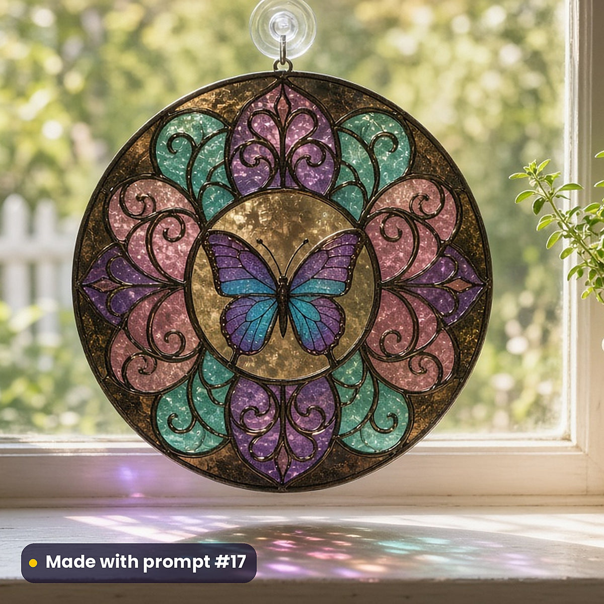 Butterflies and Moths stained glass prompt pack: UV-printed acrylic suncatcher in a window mockup, made with prompt #17