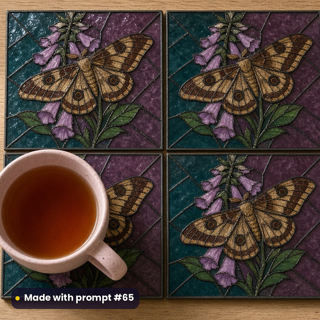 Butterflies and Moths stained glass prompt pack: set of UV-printed glass coasters mockup, made with prompt #65