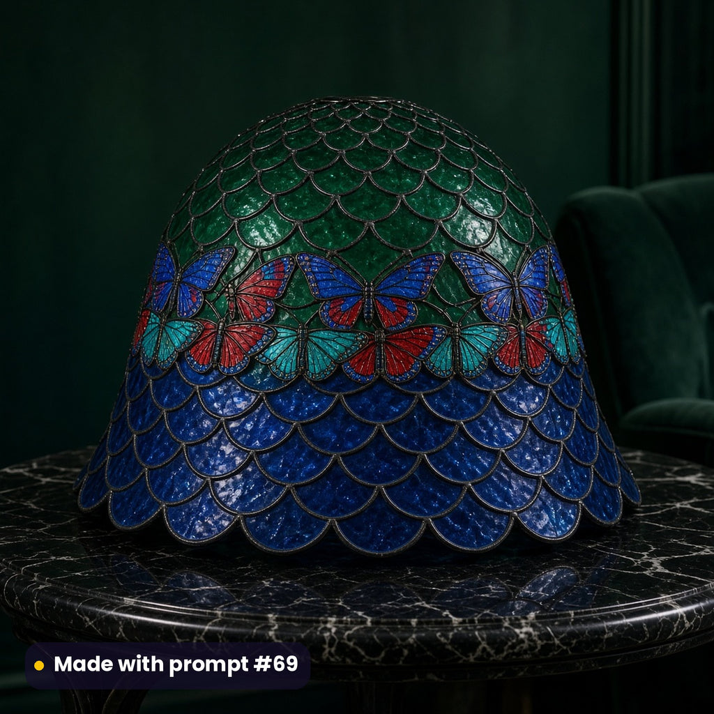 Bell-shaped table lamp shade, printed with Art Deco stained glass of ruby, sapphire and teal butterflies in a band between emerald and cobalt scale panes, made with prompt #69