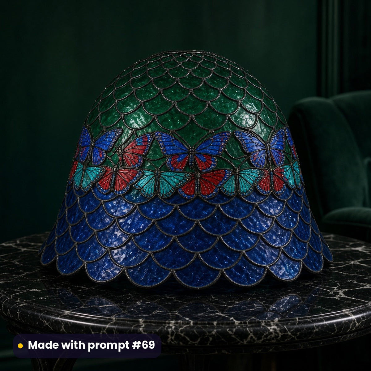 Bell-shaped table lamp shade, printed with Art Deco stained glass of ruby, sapphire and teal butterflies in a band between emerald and cobalt scale panes, made with prompt #69
