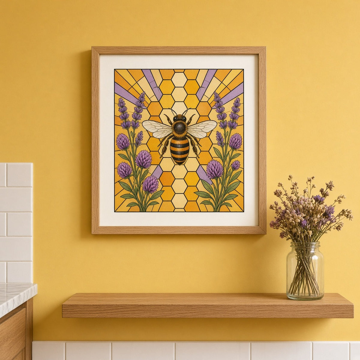 Art Deco stained-glass honeybee over honeycomb hexagons between sprays of lavender and clover shown as a flat framed print above a kitchen shelf, made with prompt #9