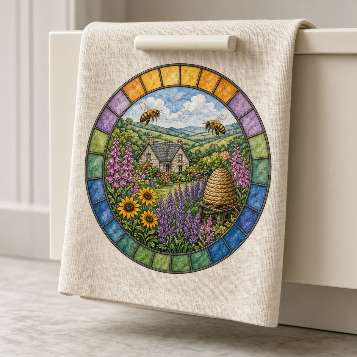 Rose-window stained-glass cottage garden with honeybees, foxgloves, sunflowers, lavender and a straw skep printed flat on a tea towel, made with prompt #47