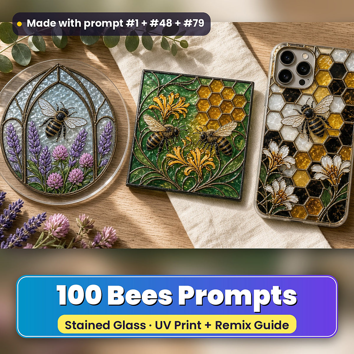 Bees stained glass prompt pack: UV-printed suncatcher, coaster and phone case set mockup, made with prompt #1 + #48 + #79