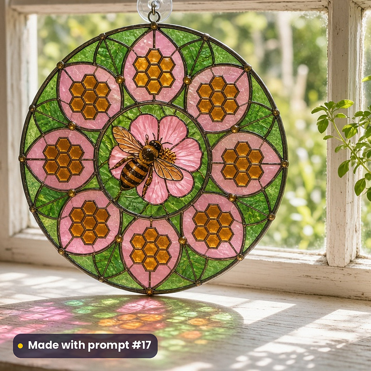 Bees stained glass prompt pack: UV-printed acrylic suncatcher in a window mockup, made with prompt #17