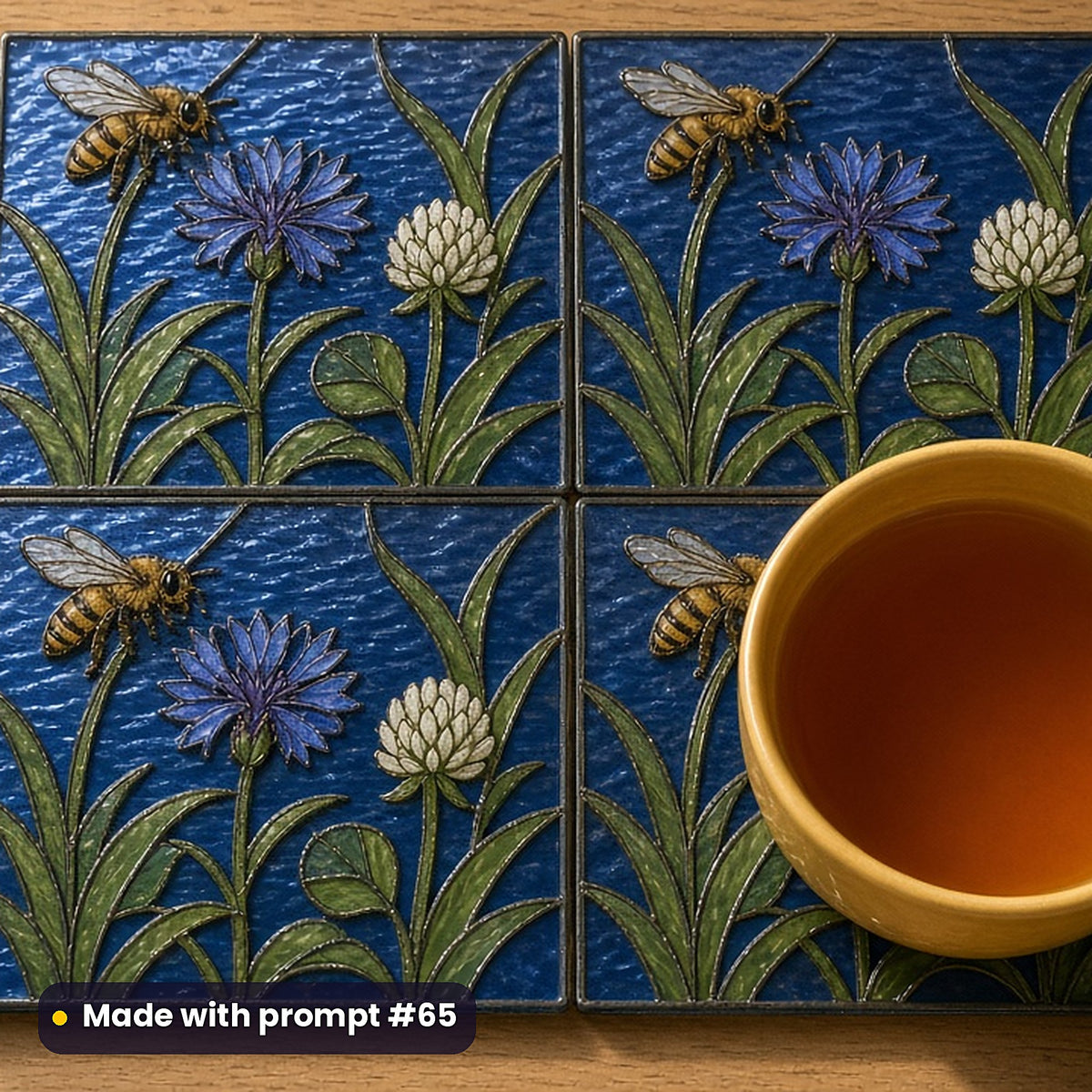 Bees stained glass prompt pack: set of UV-printed glass coasters mockup, made with prompt #65
