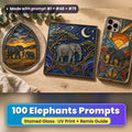 Elephants stained glass prompt pack: UV-printed suncatcher, coaster and phone case set mockup, made with prompt #1 + #48 + #79