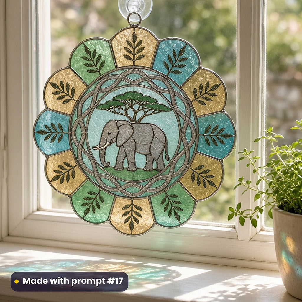 Elephants stained glass prompt pack: UV-printed acrylic suncatcher in a window mockup, made with prompt #17