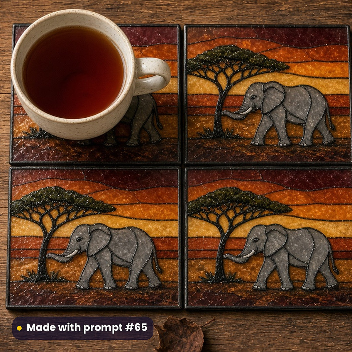 Elephants stained glass prompt pack: set of UV-printed glass coasters mockup, made with prompt #65