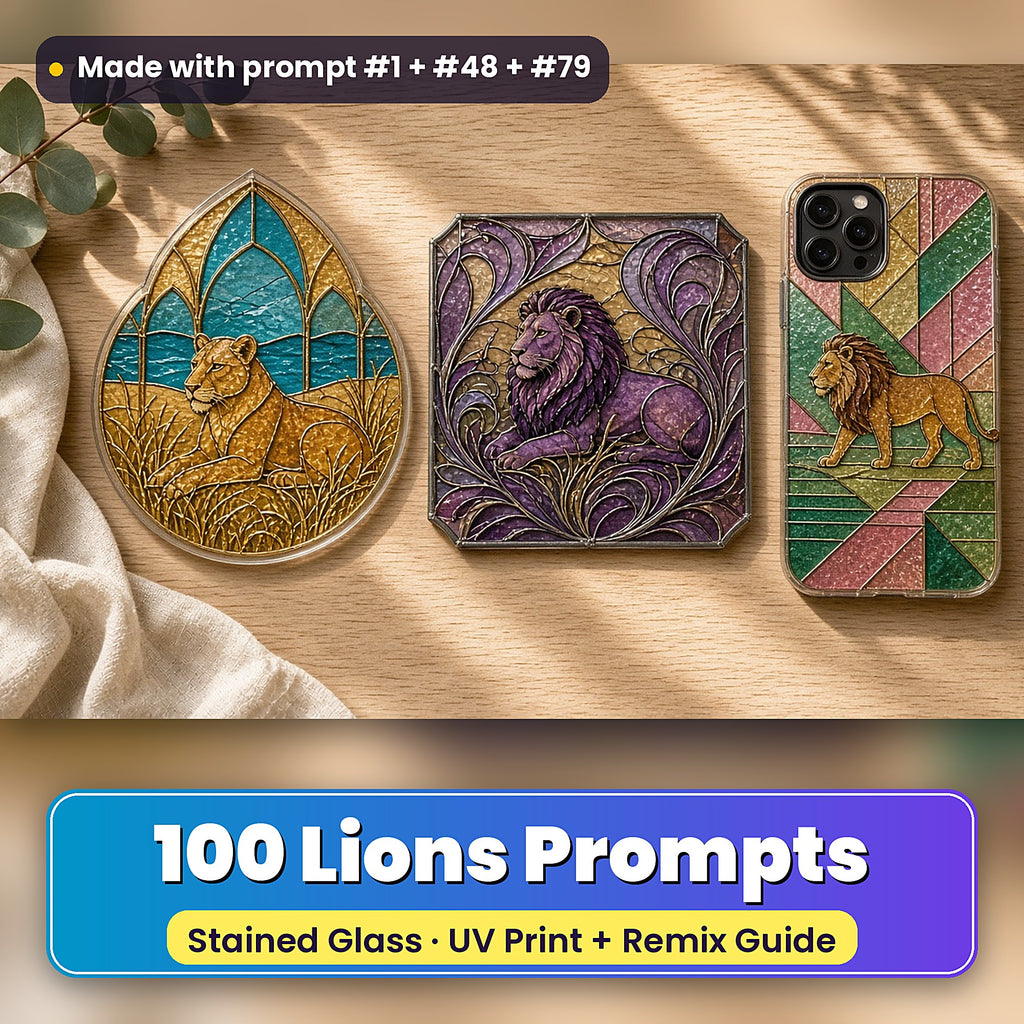 Lions stained glass prompt pack: UV-printed suncatcher, coaster and phone case set mockup, made with prompt #1 + #48 + #79