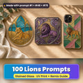 Lions stained glass prompt pack: UV-printed suncatcher, coaster and phone case set mockup, made with prompt #1 + #48 + #79