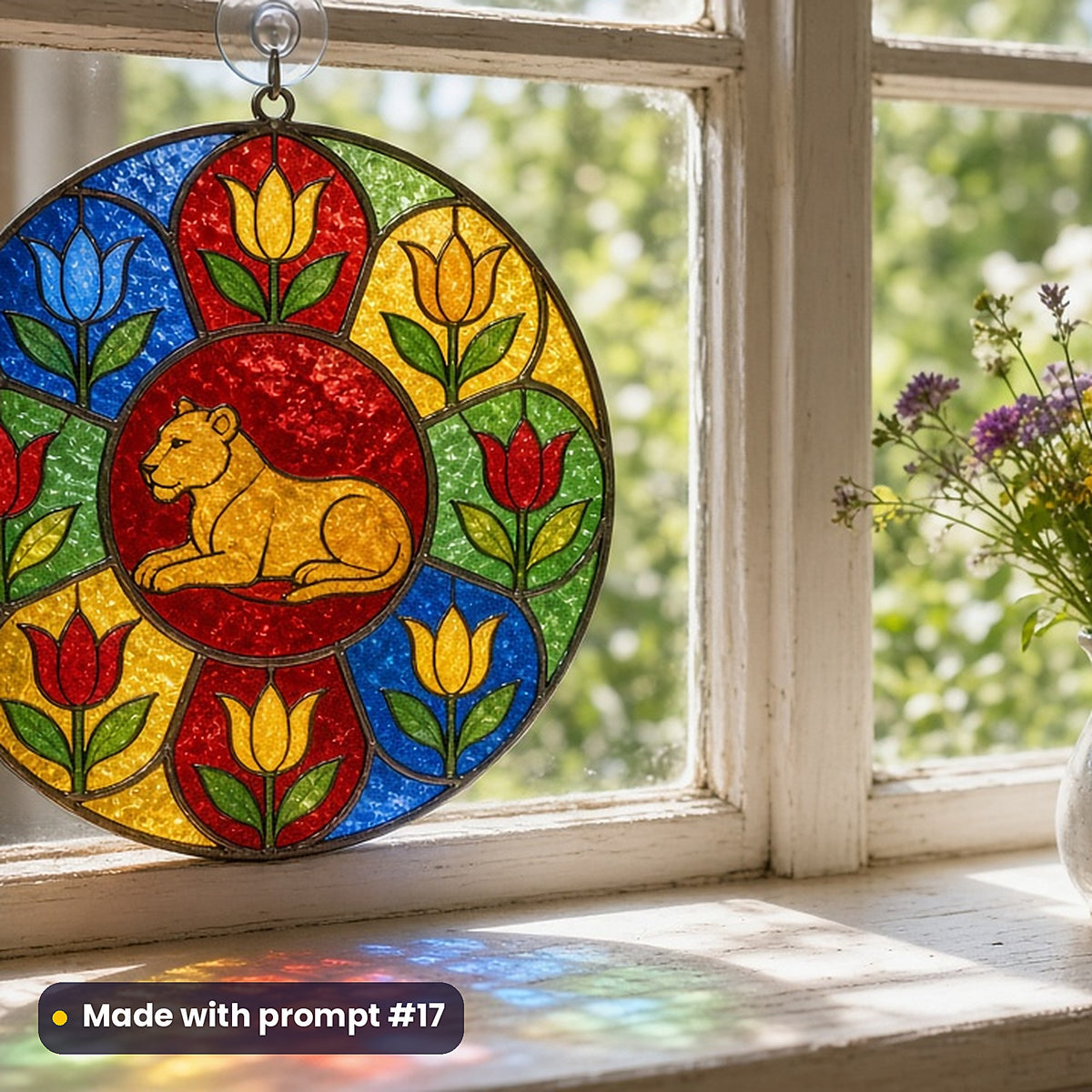 Lions stained glass prompt pack: UV-printed acrylic suncatcher in a window mockup, made with prompt #17