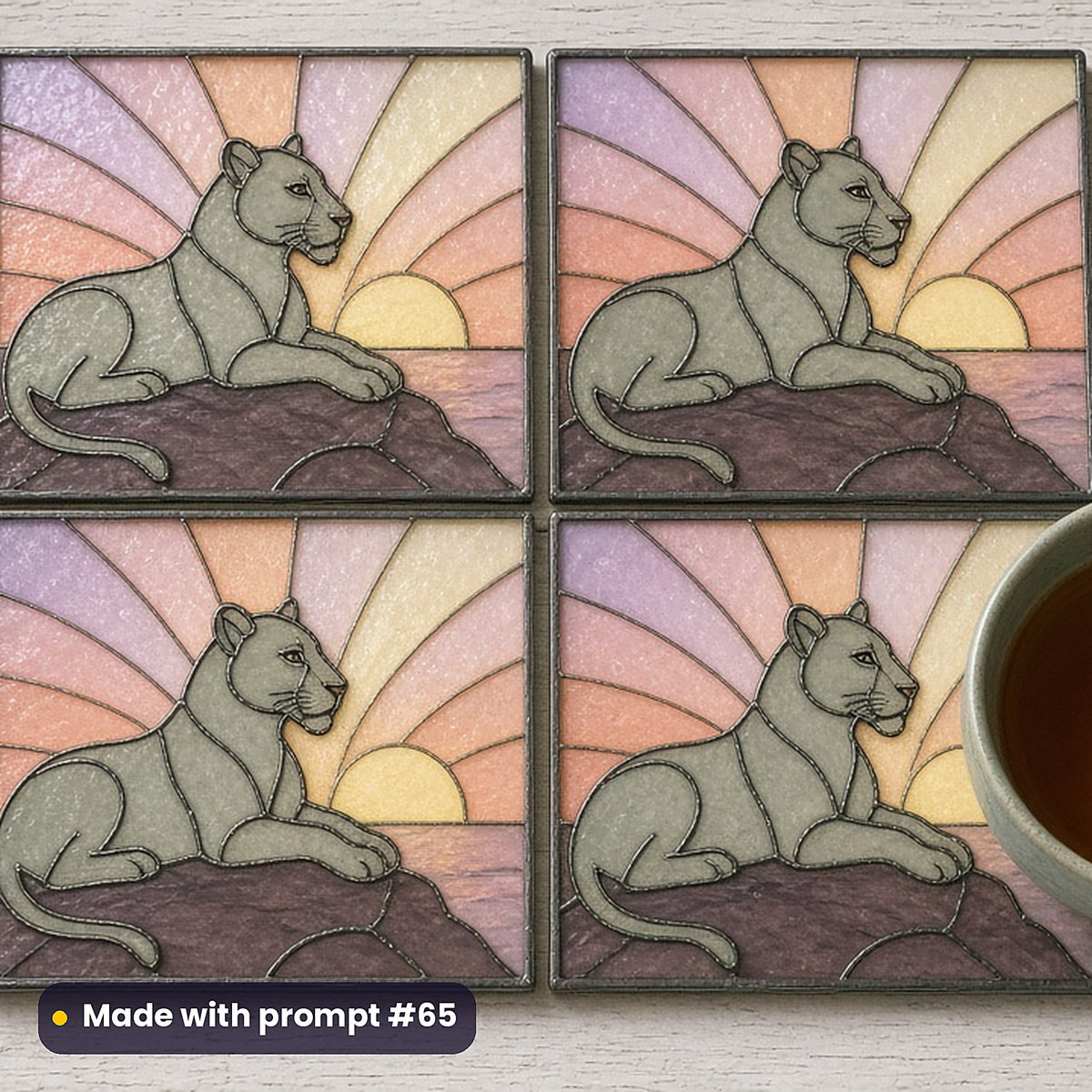 Lions stained glass prompt pack: set of UV-printed glass coasters mockup, made with prompt #65