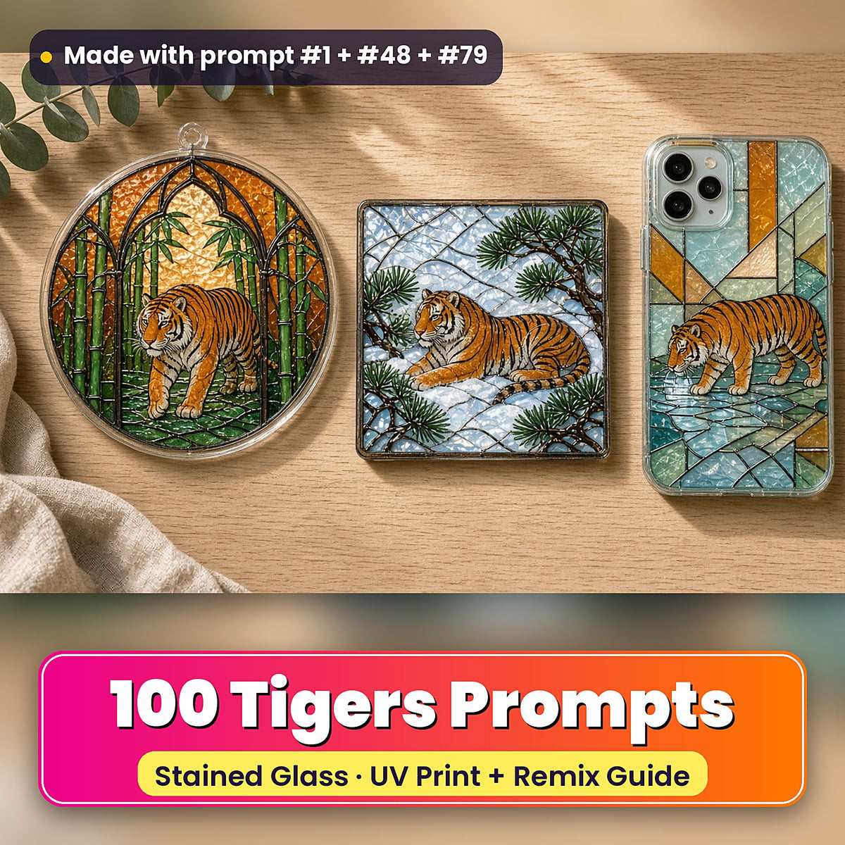 Tigers stained glass prompt pack: UV-printed suncatcher, coaster and phone case set mockup, made with prompt #1 + #48 + #79