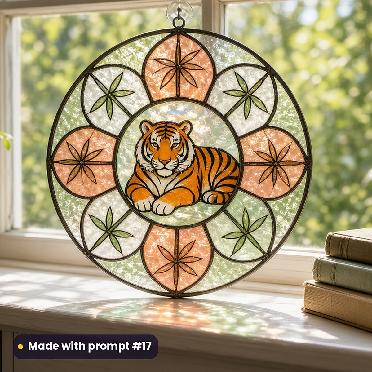 Tigers stained glass prompt pack: UV-printed acrylic suncatcher in a window mockup, made with prompt #17