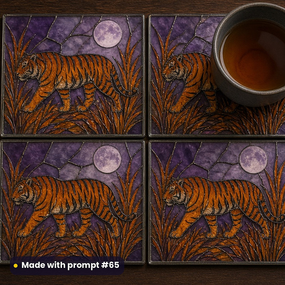 Tigers stained glass prompt pack: set of UV-printed glass coasters mockup, made with prompt #65
