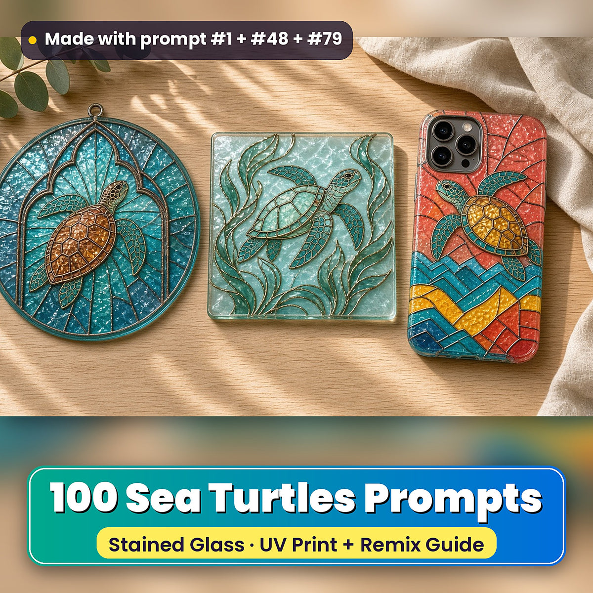 Sea Turtles stained glass prompt pack: UV-printed suncatcher, coaster and phone case set mockup, made with prompt #1 + #48 + #79