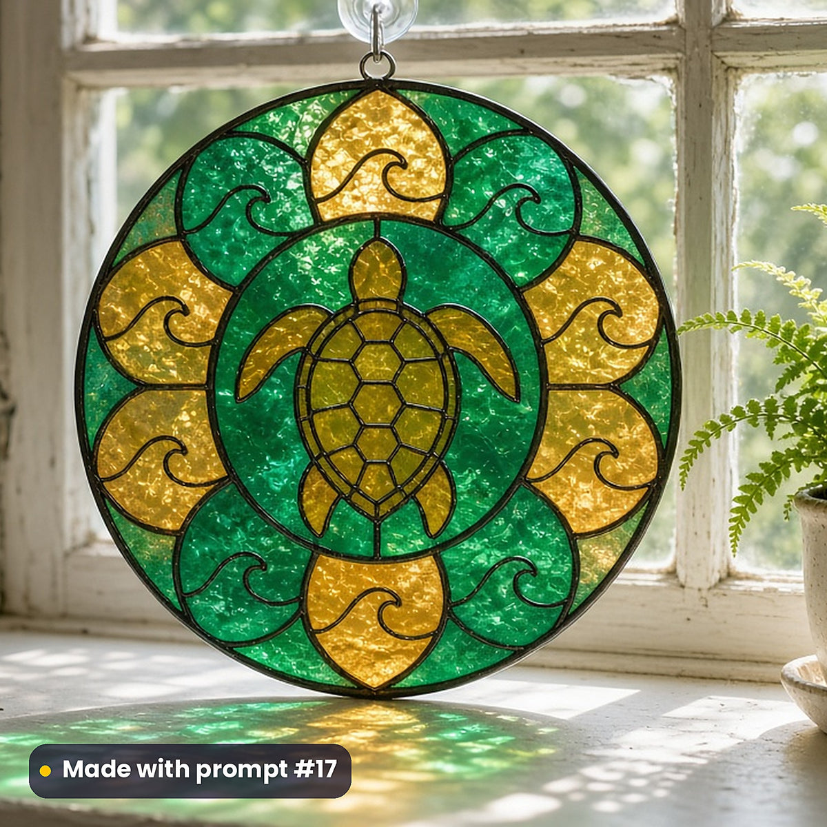 Sea Turtles stained glass prompt pack: UV-printed acrylic suncatcher in a window mockup, made with prompt #17