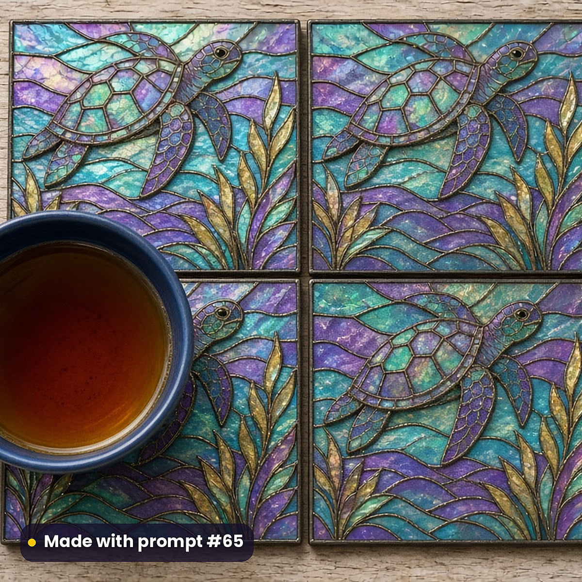 Sea Turtles stained glass prompt pack: set of UV-printed glass coasters mockup, made with prompt #65
