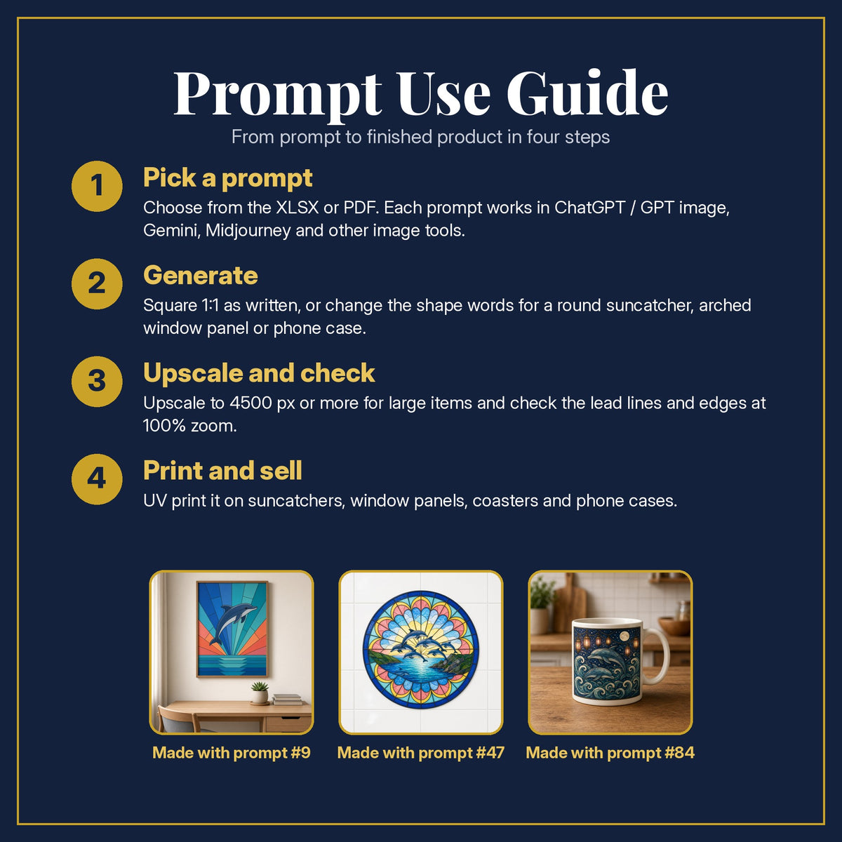 Prompt Use Guide for the Dolphins Stained Glass Prompt Pack: pick a prompt, generate, upscale and check, print and sell, with sample products made with the pack's prompts