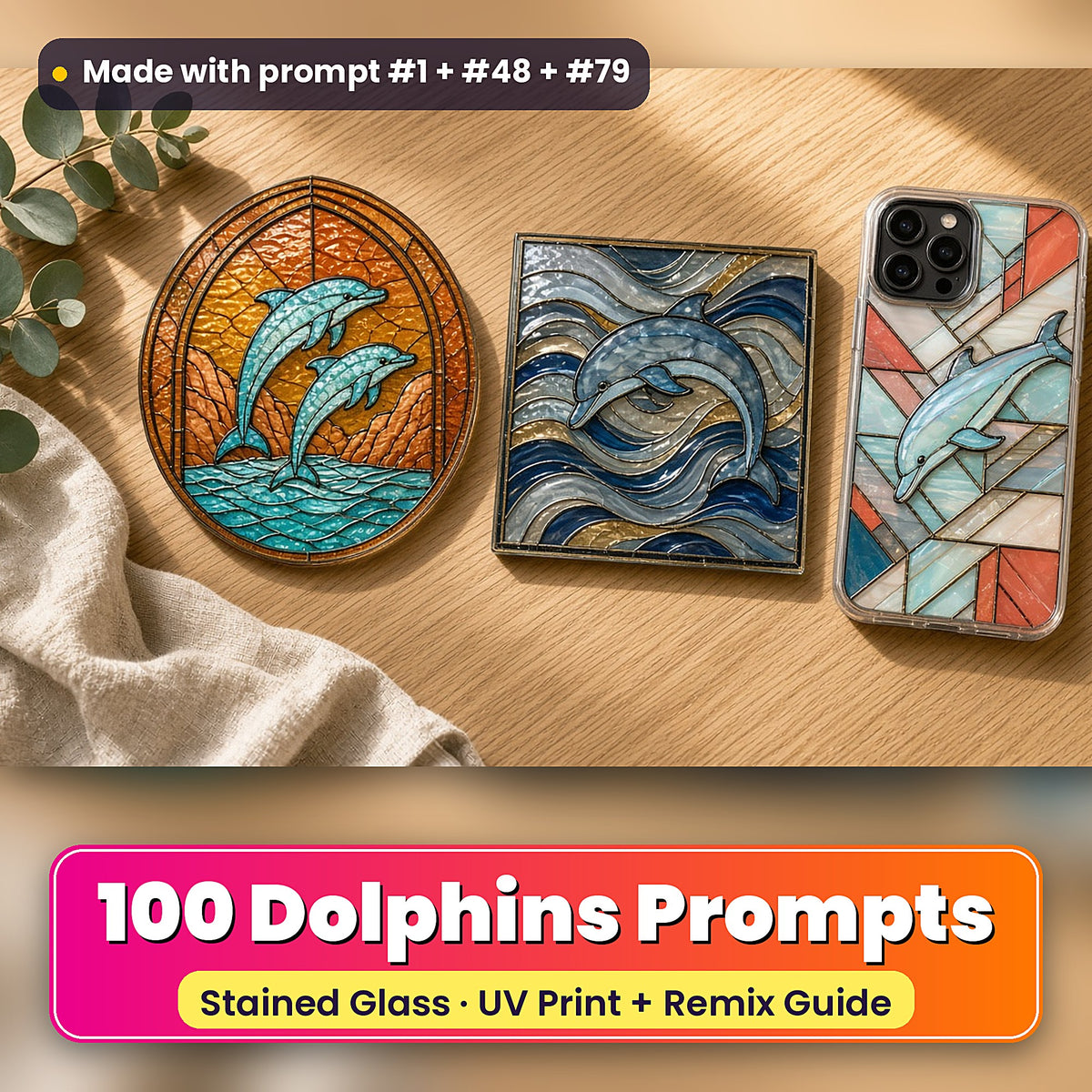 Dolphins stained glass prompt pack: UV-printed suncatcher, coaster and phone case set mockup, made with prompt #1 + #48 + #79